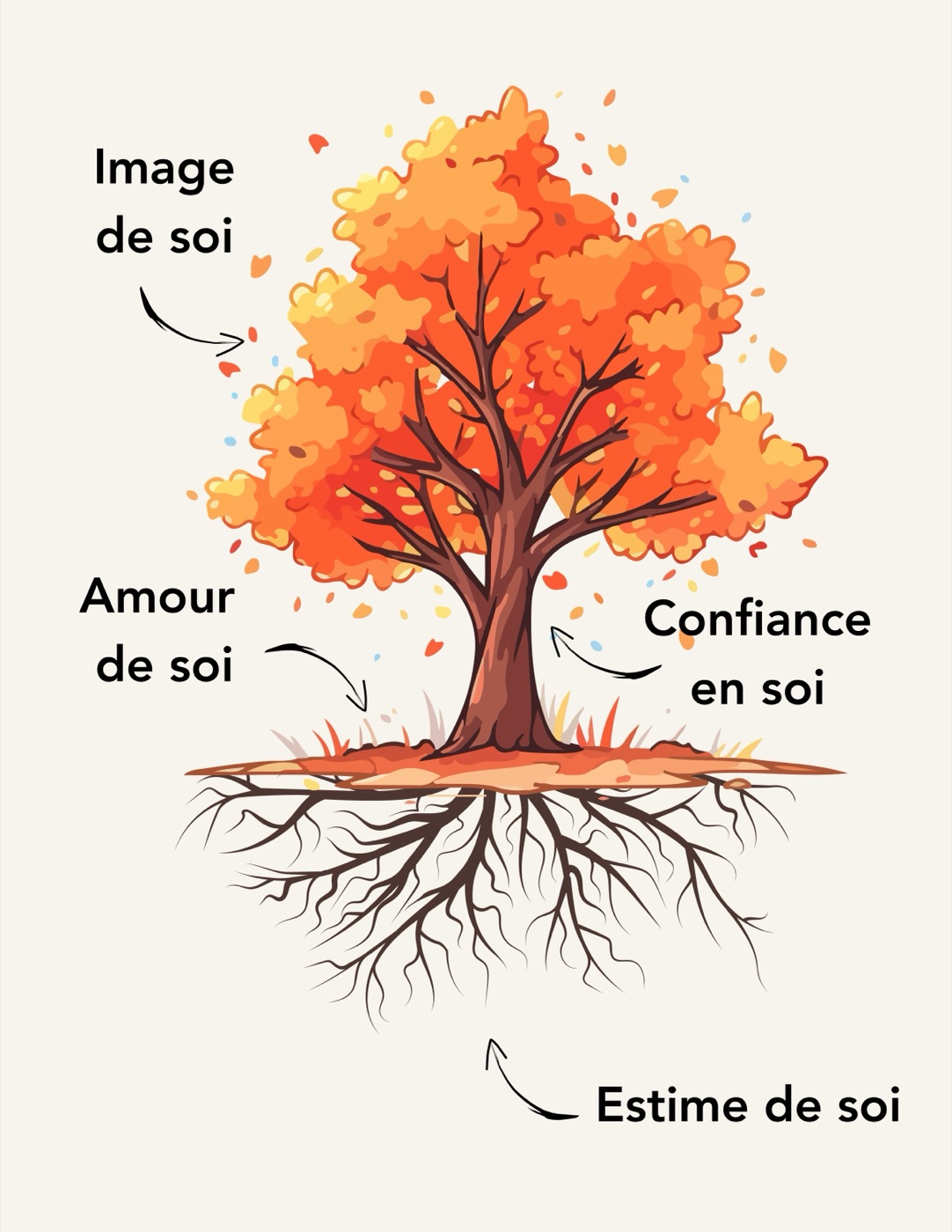 L'arbre de la confiance en soi : l'amour de soi est la terre, l'estime de soi les racines, la confiance en soi le tronc, l'image de soi le feuillage